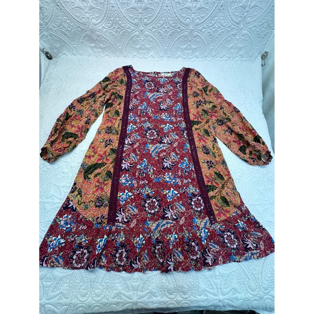 Matilda Jane Floral Patchwork Mini Dress Burgundy Mixed Print Crochet Trim M